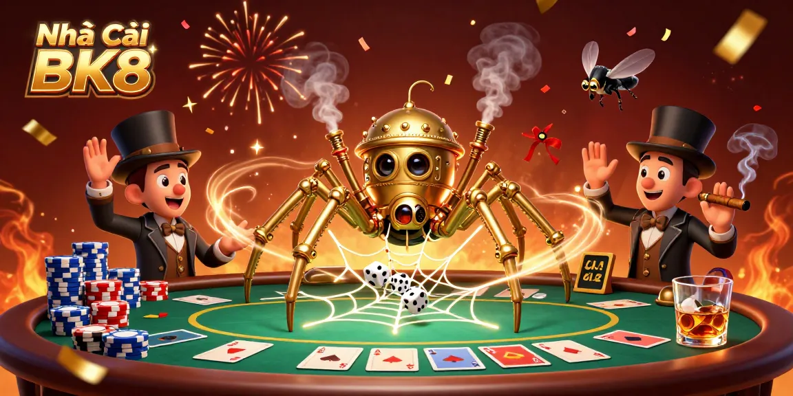 Experience thrilling moments at Nhà Cái BK8 with intricate poker chips and steampunk-style characters in a lively casino scene.