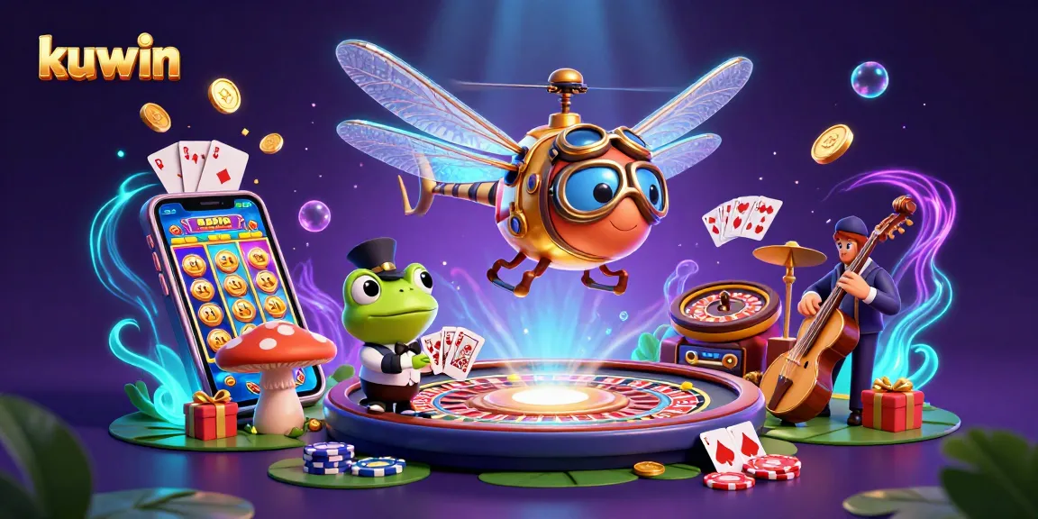 Kuwin players enjoy a vibrant casino scene with the dragonfly pilot and frog dealer amidst dynamic games.
