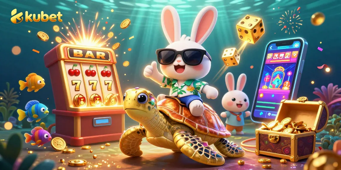 Kubet slots featuring a lucky rabbit and golden sea turtle celebrating a jackpot explosion