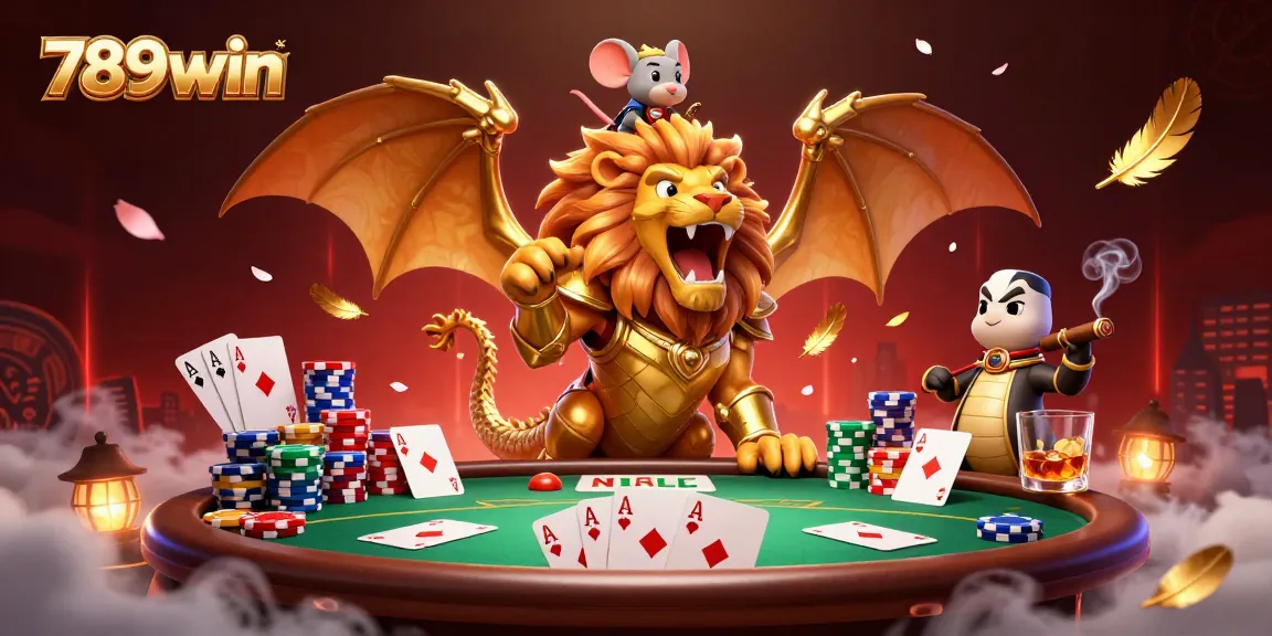 Engage in thrilling poker action with 789win, featuring a roaring chimera and vibrant gaming elements.