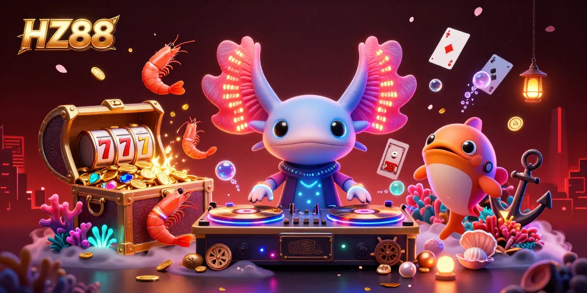 Engaging HZ88 casino scene showcasing a neon DJ and vibrant sea creatures amid underwater treasures.