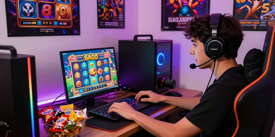 Player engaging with a slot gacor game on a laptop, surrounded by gaming accessories in an energetic atmosphere.