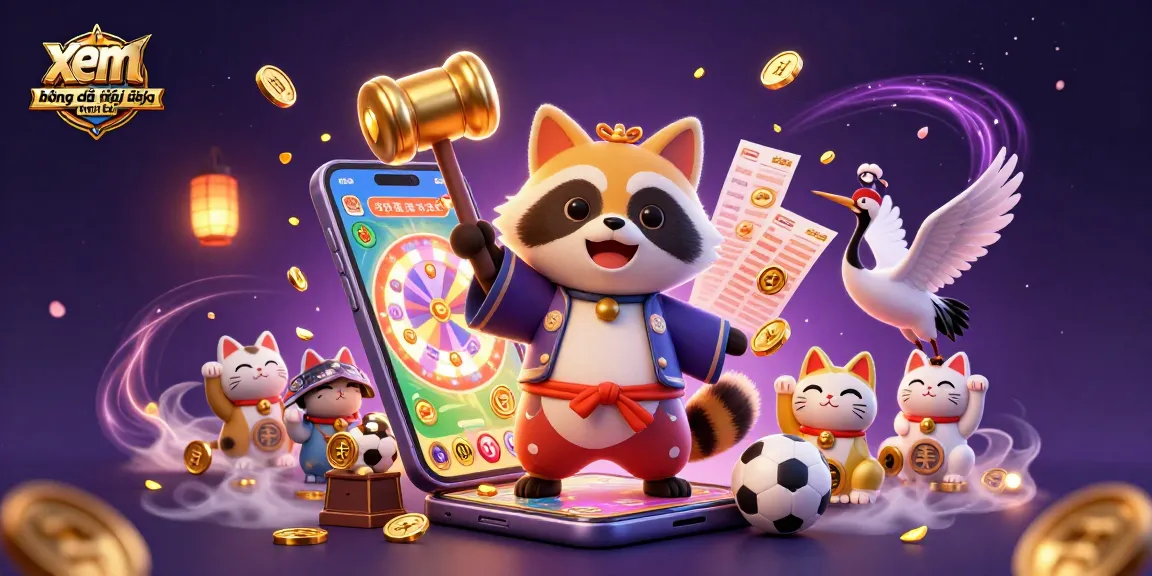 Xem bóng đá trực tiếp kèo nhà cái with a cheerful tanuki, crane, and waving lucky cats in a vibrant sports betting scene.