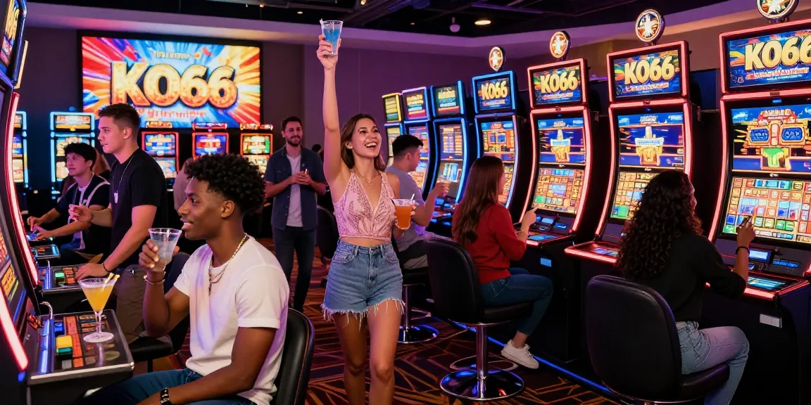 Group of friends enjoying a win at KO66 casino with digital slot machines.