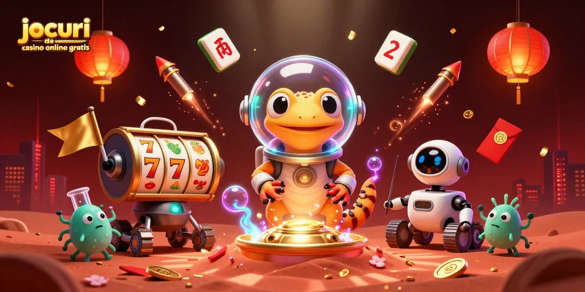 Joacă jocuri de casino online gratis pe un fundal vibrant cu un gecko marțian și elemente de cazinou.