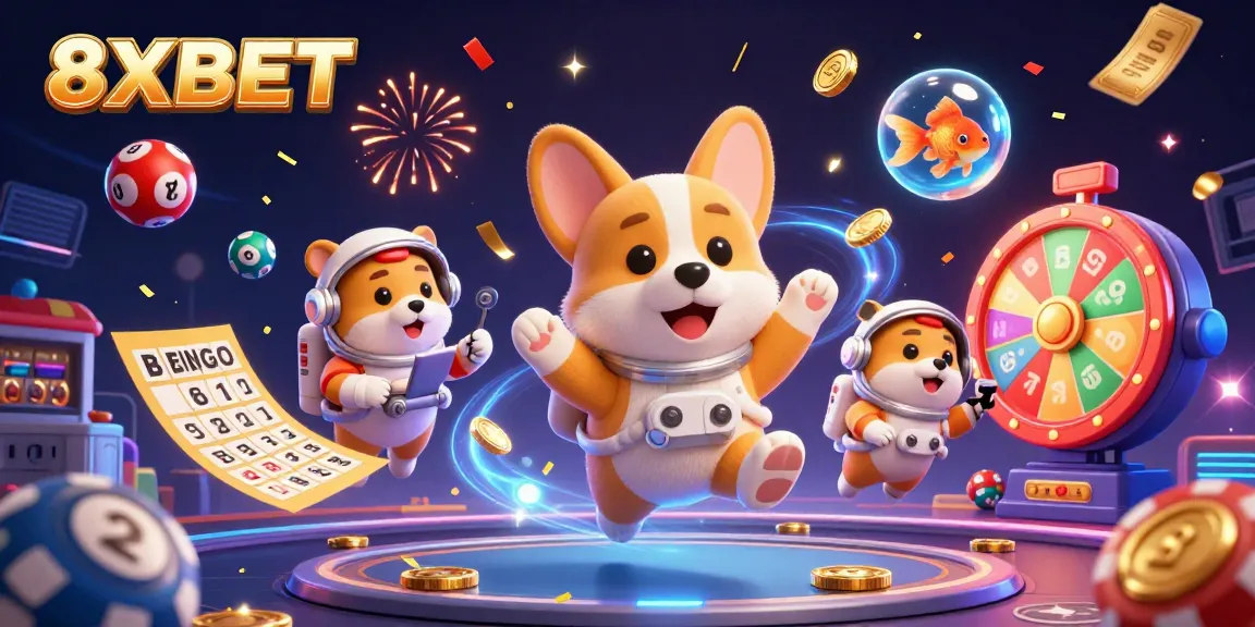 Experience thrilling gaming adventures with 8XBET as colorful lottery balls and golden chips fly around.