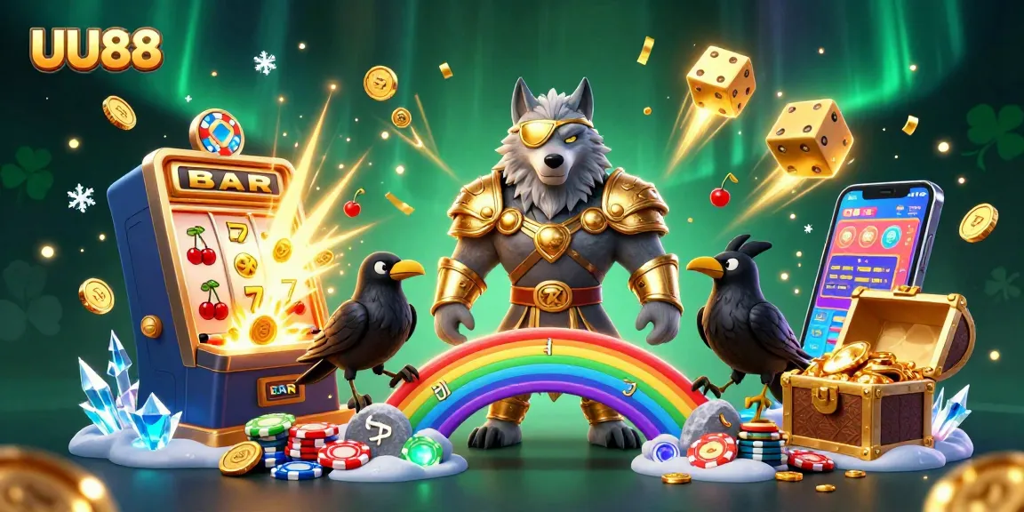 Experience excitement with UU88 as a golden-eyed wolf and ravens burst into a casino adventure.