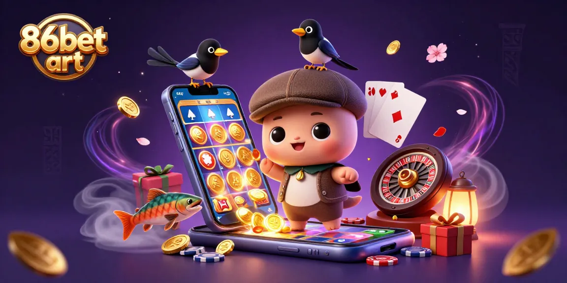 Experience thrilling wins at 86bet art with a vibrant 3D casino-themed illustration.