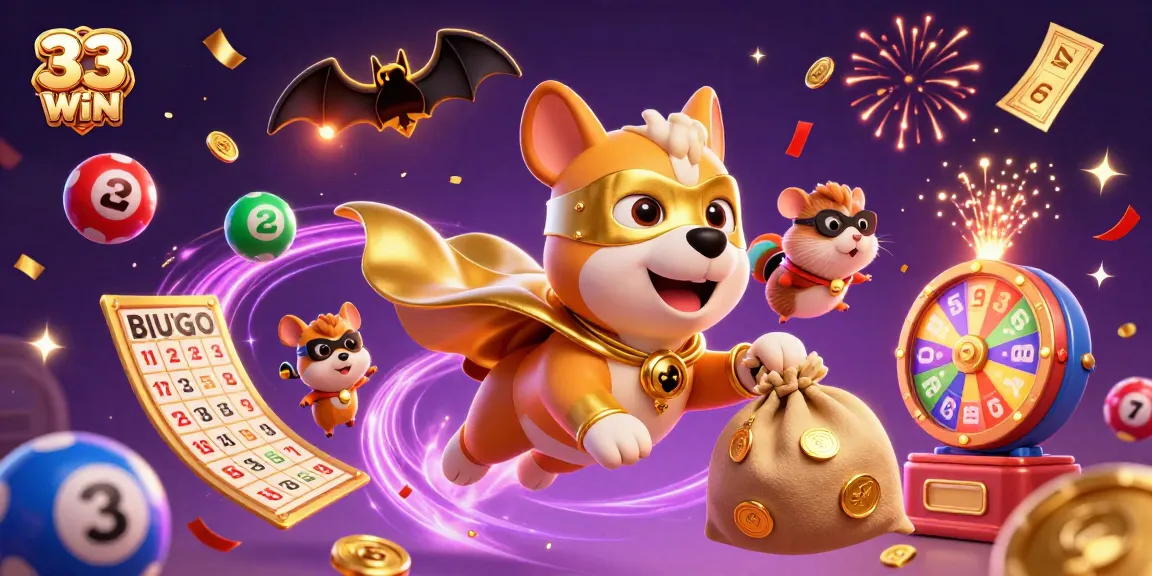 Experience the thrill of winning at 33 WIN with a superhero dog and colorful casino elements.