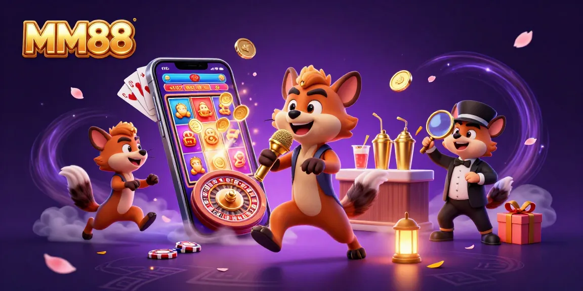 Engage with MM88 as hyenas run a comedy casino club, featuring vibrant slot games and golden elements.