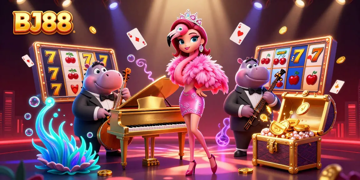Engage in thrilling slot games at BJ88 featuring a lively cartoon scene with vibrant casino elements.