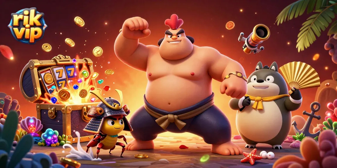 Engage in thrilling gameplay as the rik vip sumo rooster mascot stomps coins and gems amidst vibrant casino elements.