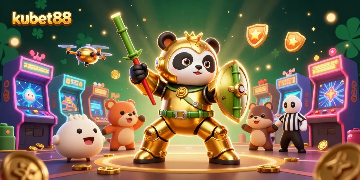 Engage in kubet88 thrilling games with a golden panda piloting a stylish robot in a vibrant casino.