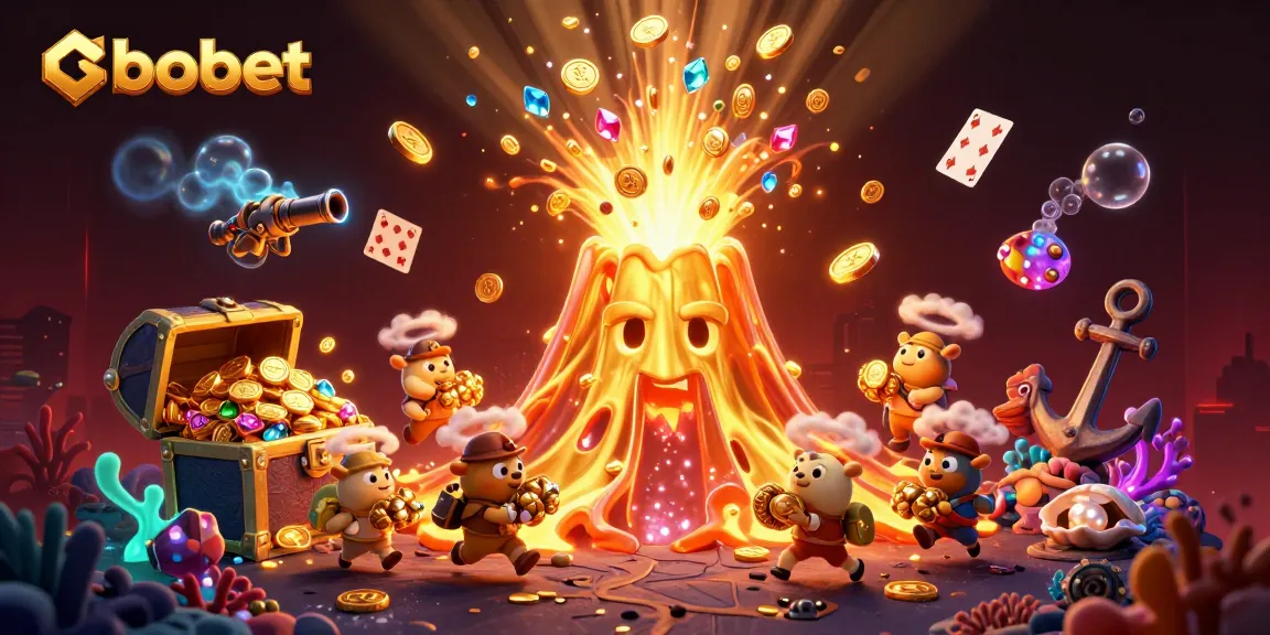 SBOBET's thrilling casino action showcases a golden volcano erupting coins and gems, capturing high-stakes excitement.