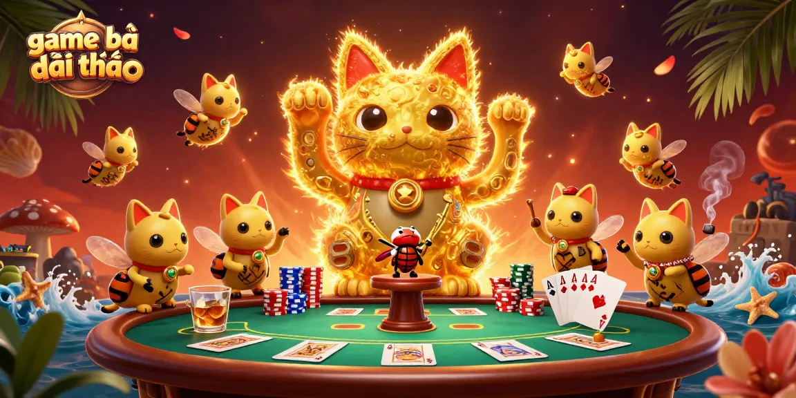 Experience game bài đổi thưởng with a golden lucky cat and dynamic poker elements.