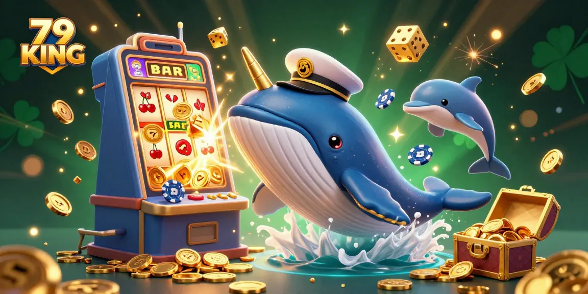Engage in the exciting world of 79 KING with a playful scene featuring casino characters, jackpot wins, and casino games.