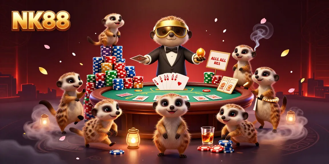 Experience the thrilling atmosphere of NK88 with meerkats orchestrating a lively casino scene.