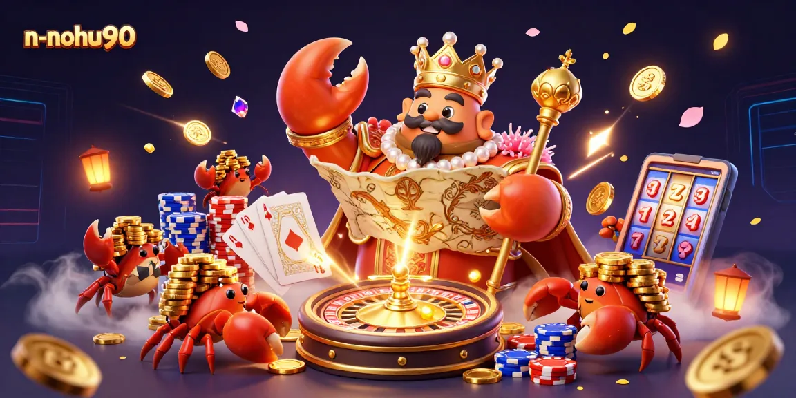 Nobu90 offers thrilling slots with jackpots; a dynamic scene featuring the crab emperor amidst coins and gems.