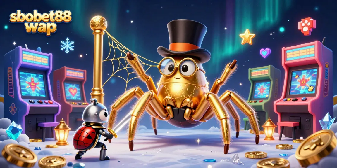 Engage with sbobet88 wap as a giant golden tarantula spins a web of riches in a vibrant casino scene.