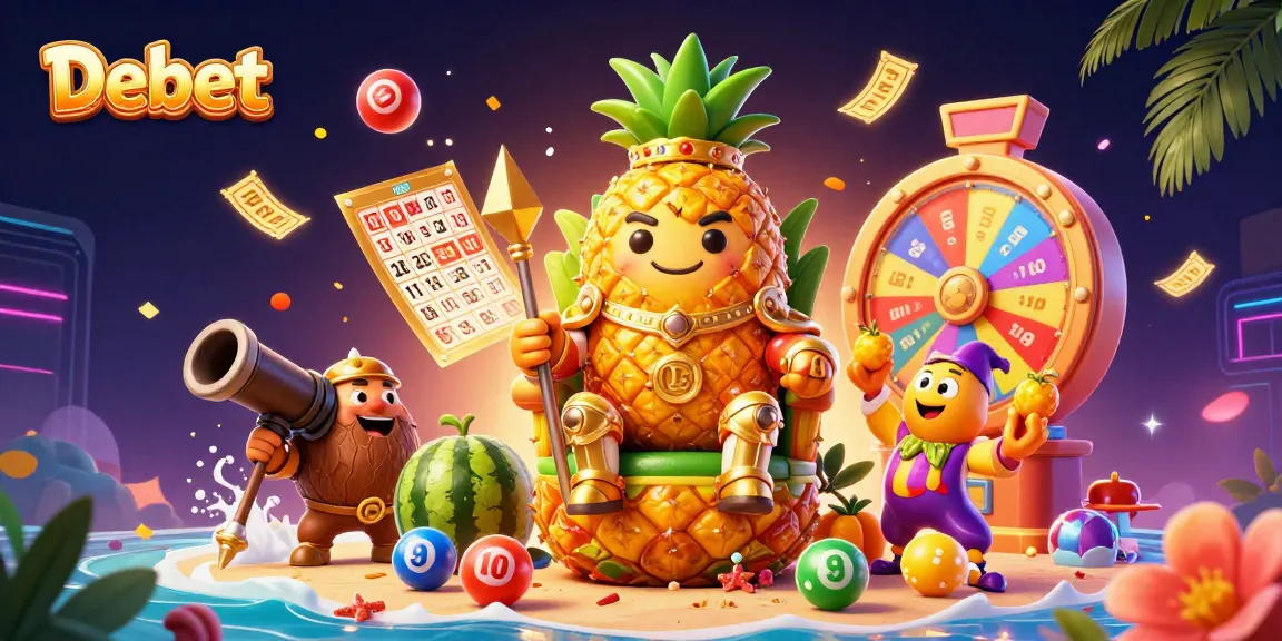 Engage with Debet's vibrant beach casino illustrated scene featuring a golden pineapple king and dynamic lottery elements.