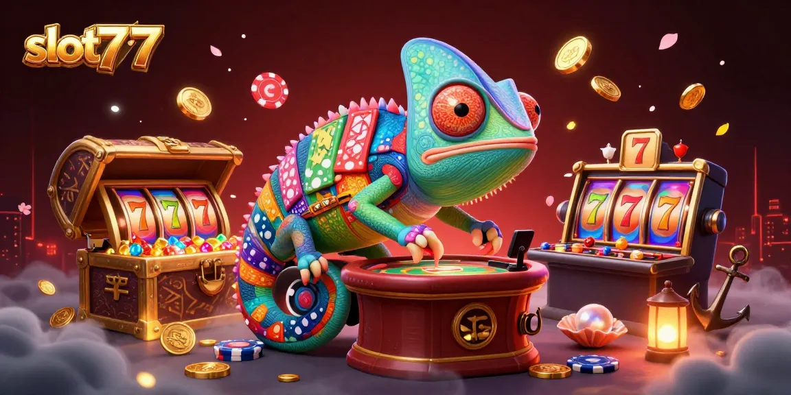 Play immersive slot777 casino games with vibrant chameleon dealer in a rich, dynamic casino scene.