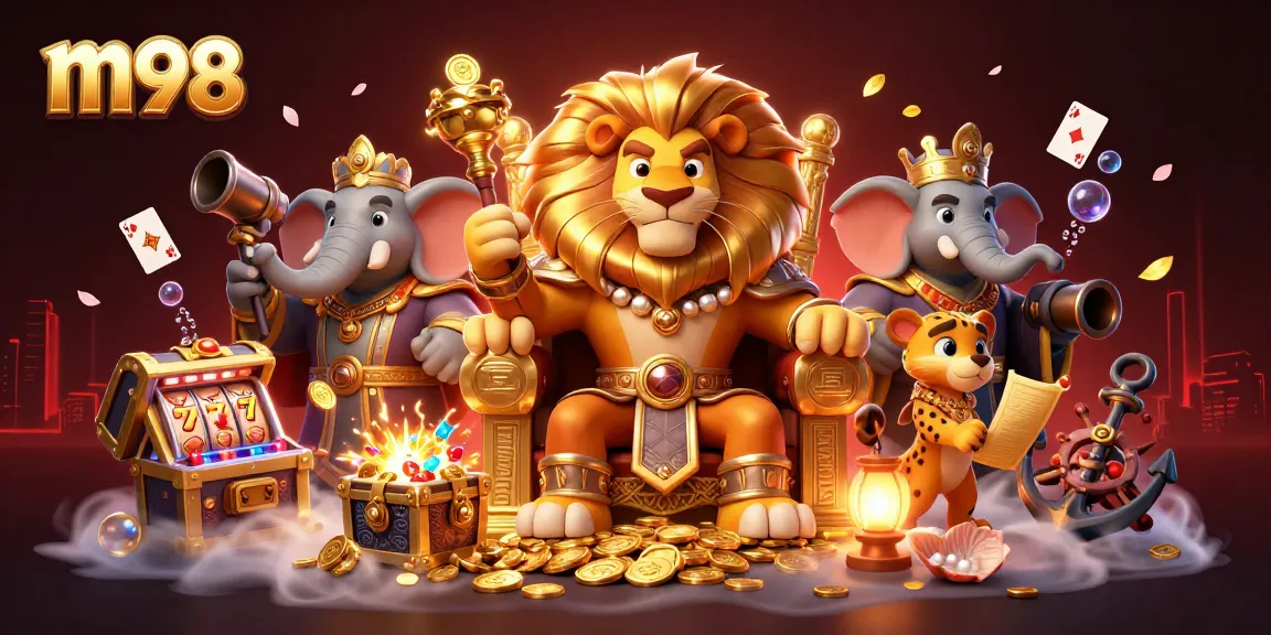 Experience thrilling gaming adventures with m98, where a lion king, elephant, and cheetah reign over lively slot fun.