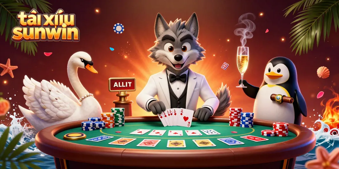 Tài xỉu sunwin game scene featuring a debonair wolf, an elegant swan, and a penguin sommelier amidst vibrant casino elements.
