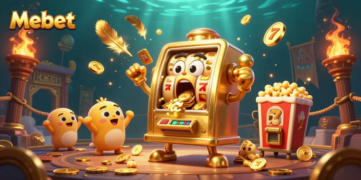 Mebet slot machine wins jackpot in a vibrant casino scene with golden coins and cheering characters.