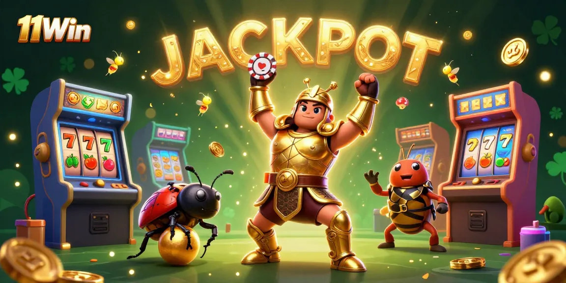 Win big with 11Win as a hercules beetle reigns over a vibrant casino scene.
