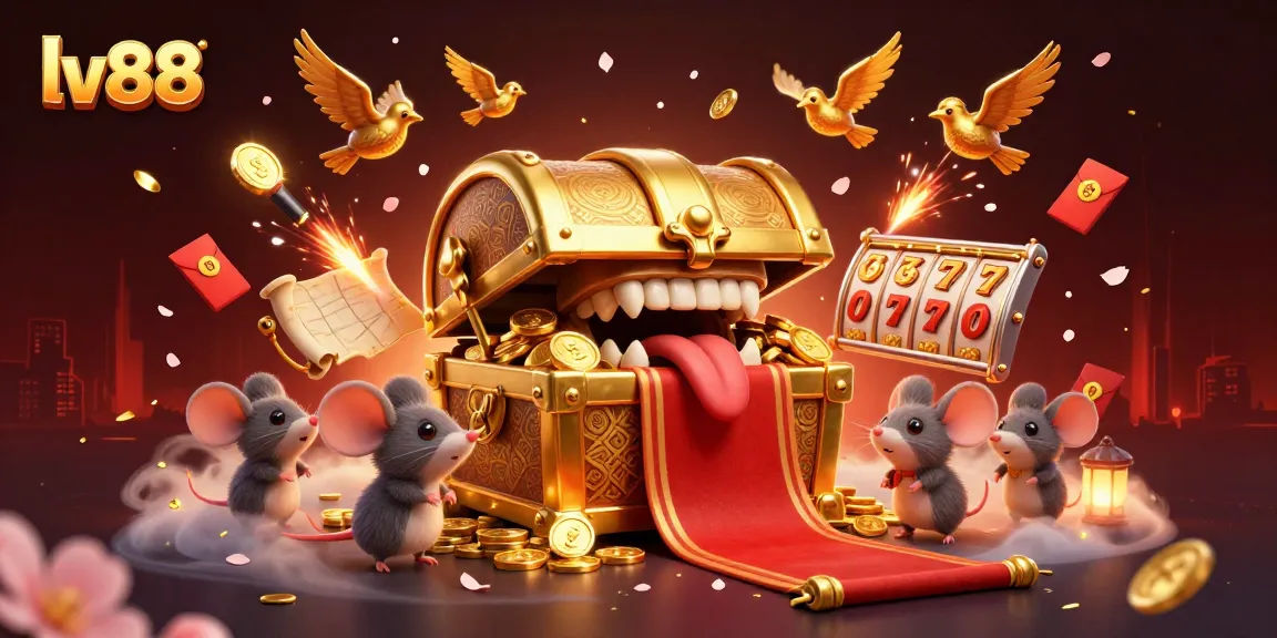 Engage with exciting games at lv88, featuring a vibrant treasure chest and dynamic slot elements.