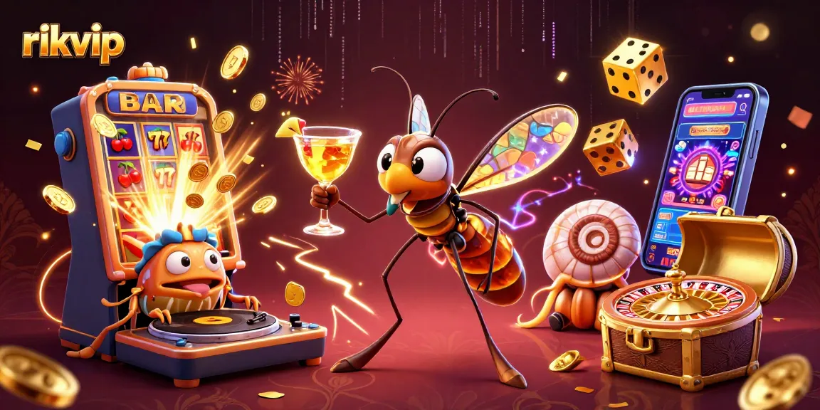 Play exciting games at rikvip with a 3D animated casino scene featuring slot machines and roulette elements.