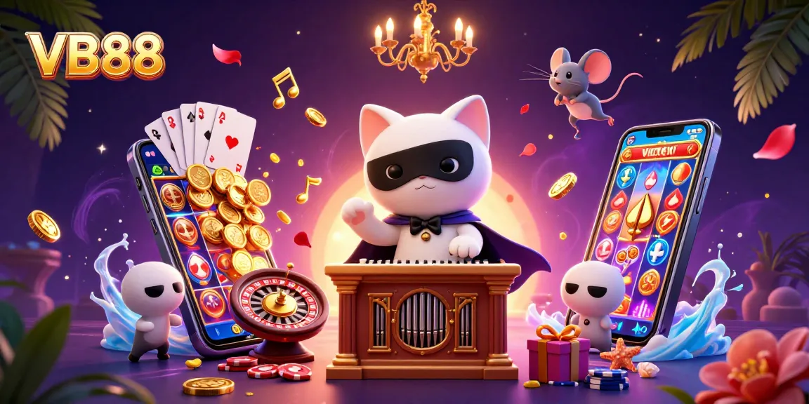 Engage in VB88 with a vibrant casino scene featuring dynamic 3D characters and gaming elements