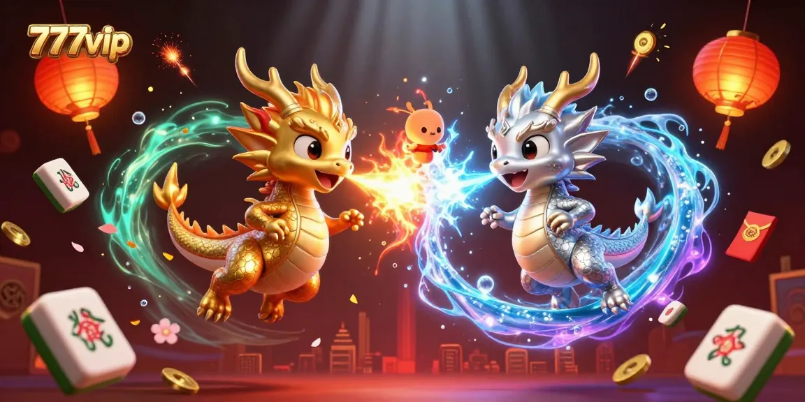 Engage in thrilling gameplay with 777vip as twin dragons soar through vibrant casino elements.
