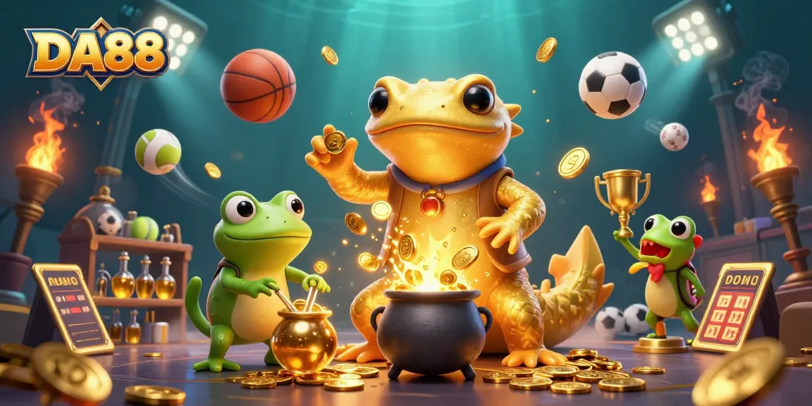 Experience the DA88 excitement of transmuting gold in a dynamic casino-themed 3D scene of alchemy and sports.