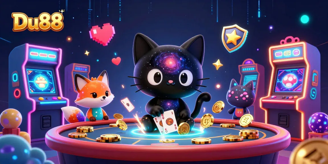 Experience thrilling wins with Du88 at a cosmic casino table featuring a black hole cat and a nebula fox.