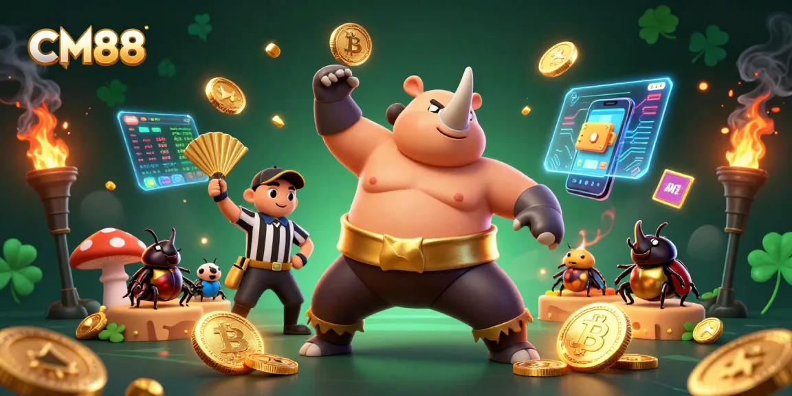 CM88 showcases a vibrant scene with a sumo beetle champion sending golden coins flying, representing online gambling excitement.