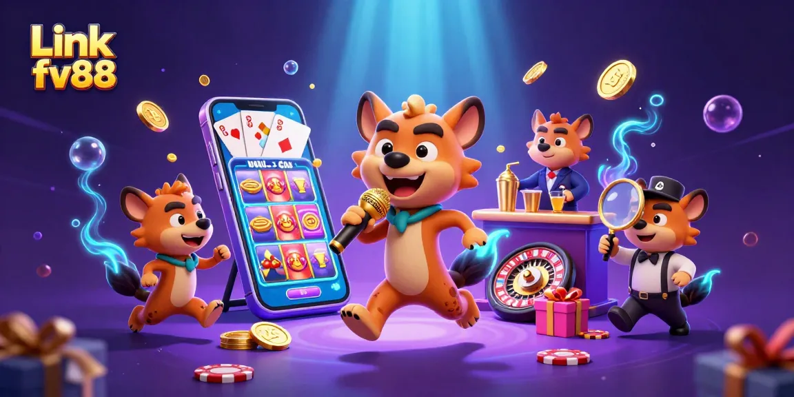 Engaging scene featuring hyenas in a comic casino environment experiencing Link fv88 with drinks, comedy, and games.