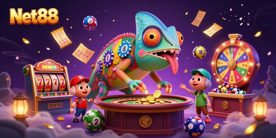 Experience the dynamic world of Net88 casino with colorful 3D elements showcasing thrilling games and rewards.