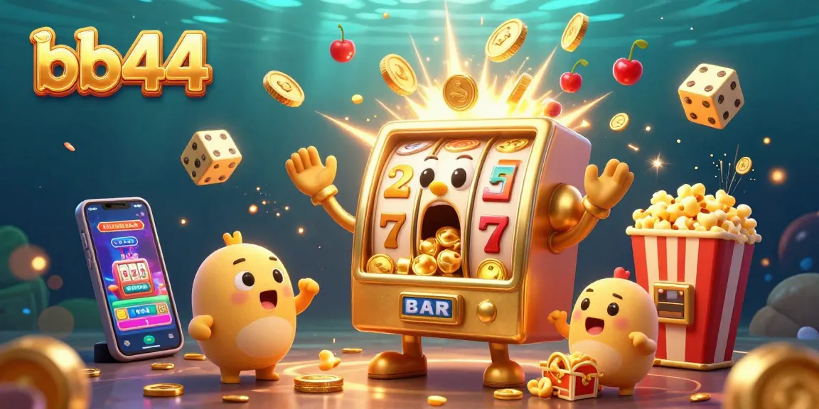 bb44 brings excitement as a golden slot machine celebrates a jackpot with cheering companions in a dynamic casino scene.