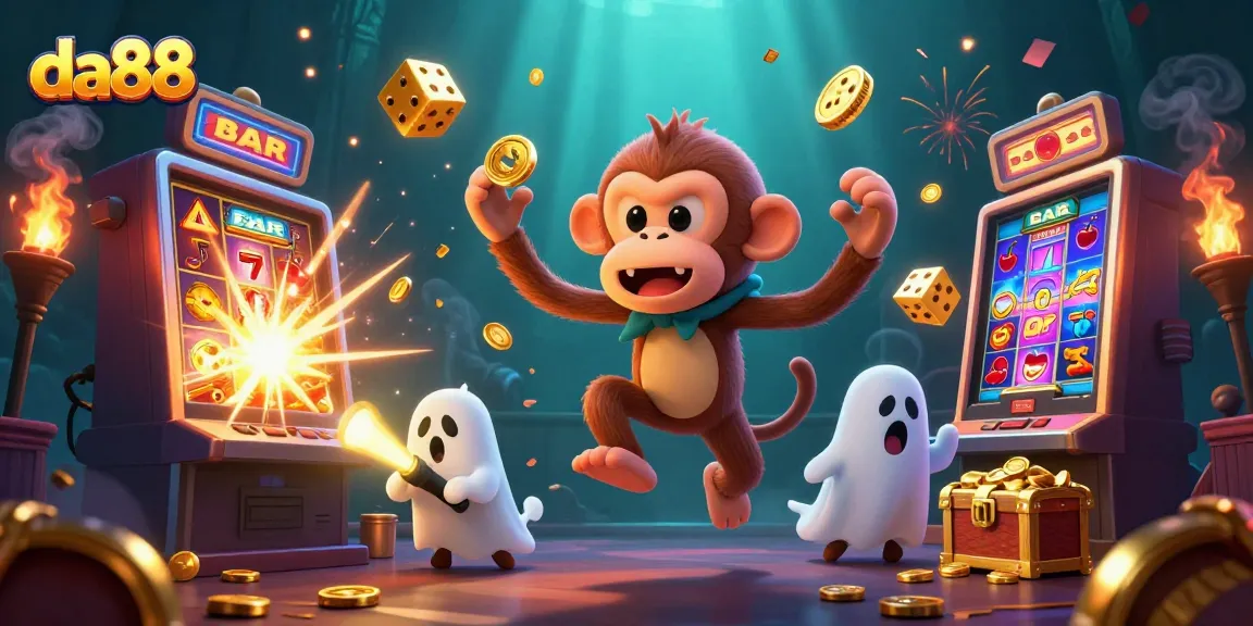 Engage in thrilling gameplay with da88, featuring a poltergeist monkey and ghost-hunter puppy in a haunted casino