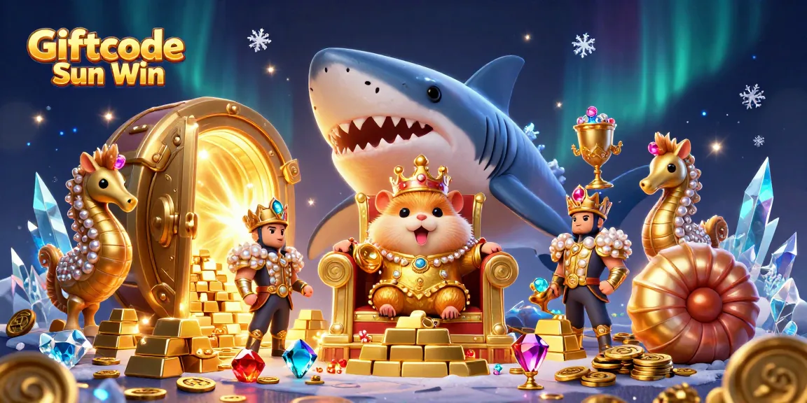 Engage with Giftcode Sun Win in this vibrant 3D illustration featuring a golden hamster king surrounded by treasure.