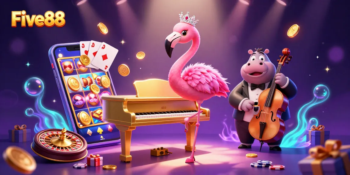 Engage with Five88's vibrant gaming scene featuring a flamingo and hippo in a lively casino.
