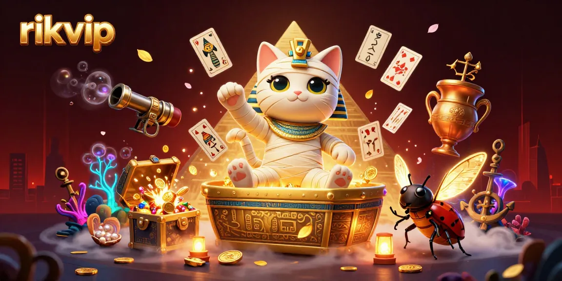 Experience thrilling gameplay at rikvip with a dazzling Egyptian mummy cat in a pyramid casino.