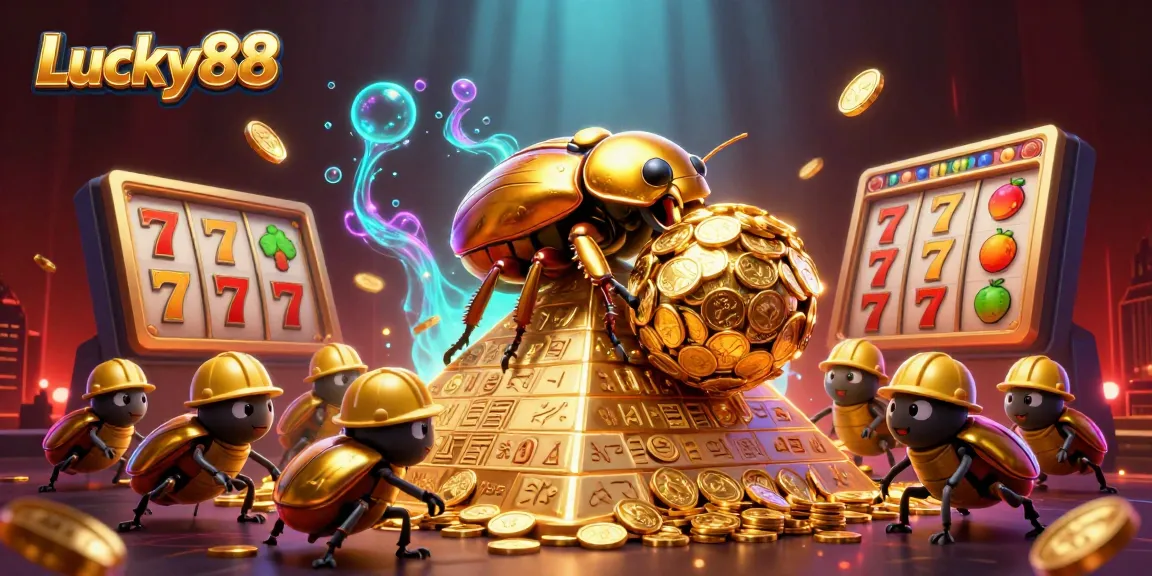 Experience the excitement of Lucky88 with a golden beetle rolling coins amidst vibrant casino symbols.
