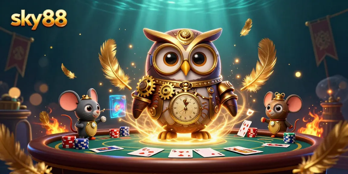 Engage in thrilling poker action with sky88, featuring a whimsical steampunk owl and detailed gaming elements in a vibrant scene.