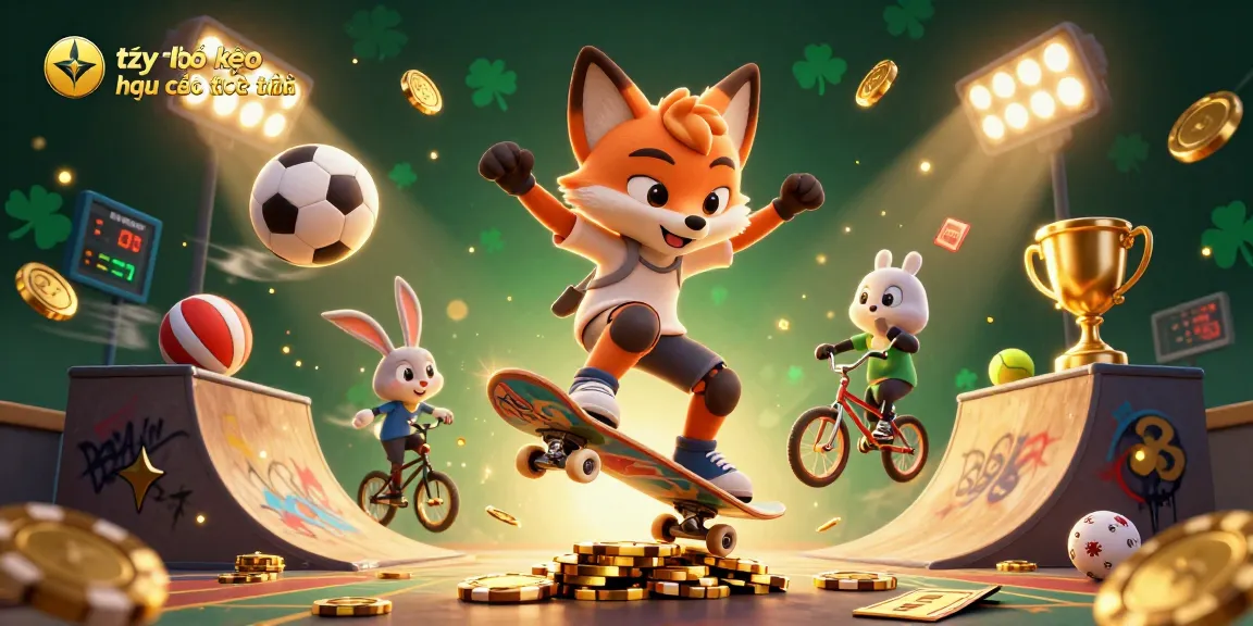 Tỷ lệ kèo nhà cái trực tuyến illustrated in a dynamic scene with a skateboarder fox and BMX rabbit among casino elements.