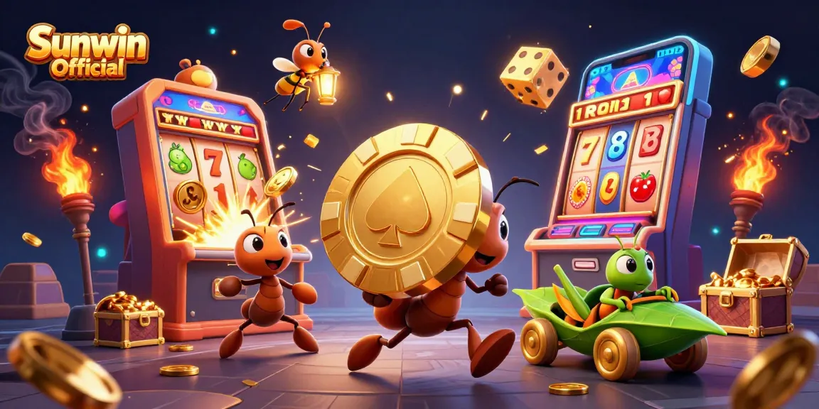 Experience the excitement of Sunwin Official with ants carrying a giant poker chip amidst casino games.