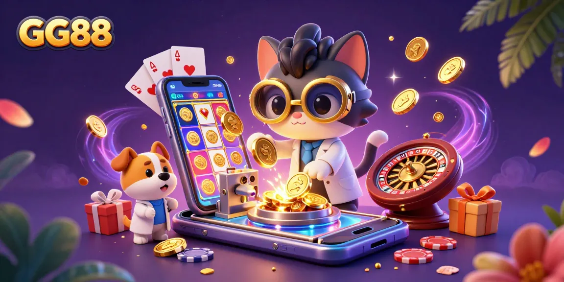 Win big with GG88's vibrant gaming experience featuring a mad scientist cat among golden coins and dynamic games.