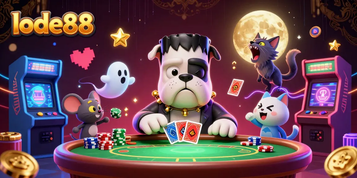 lode88 poker scene with a Frankenstein bulldog dealing cards and a ghost mouse floating among chips