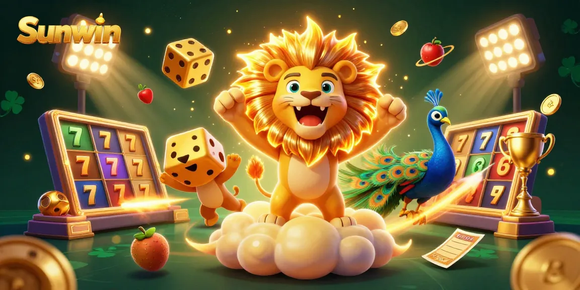 Win big at Sunwin with a vibrant 3D casino scene showcasing thrilling slot gameplay elements.